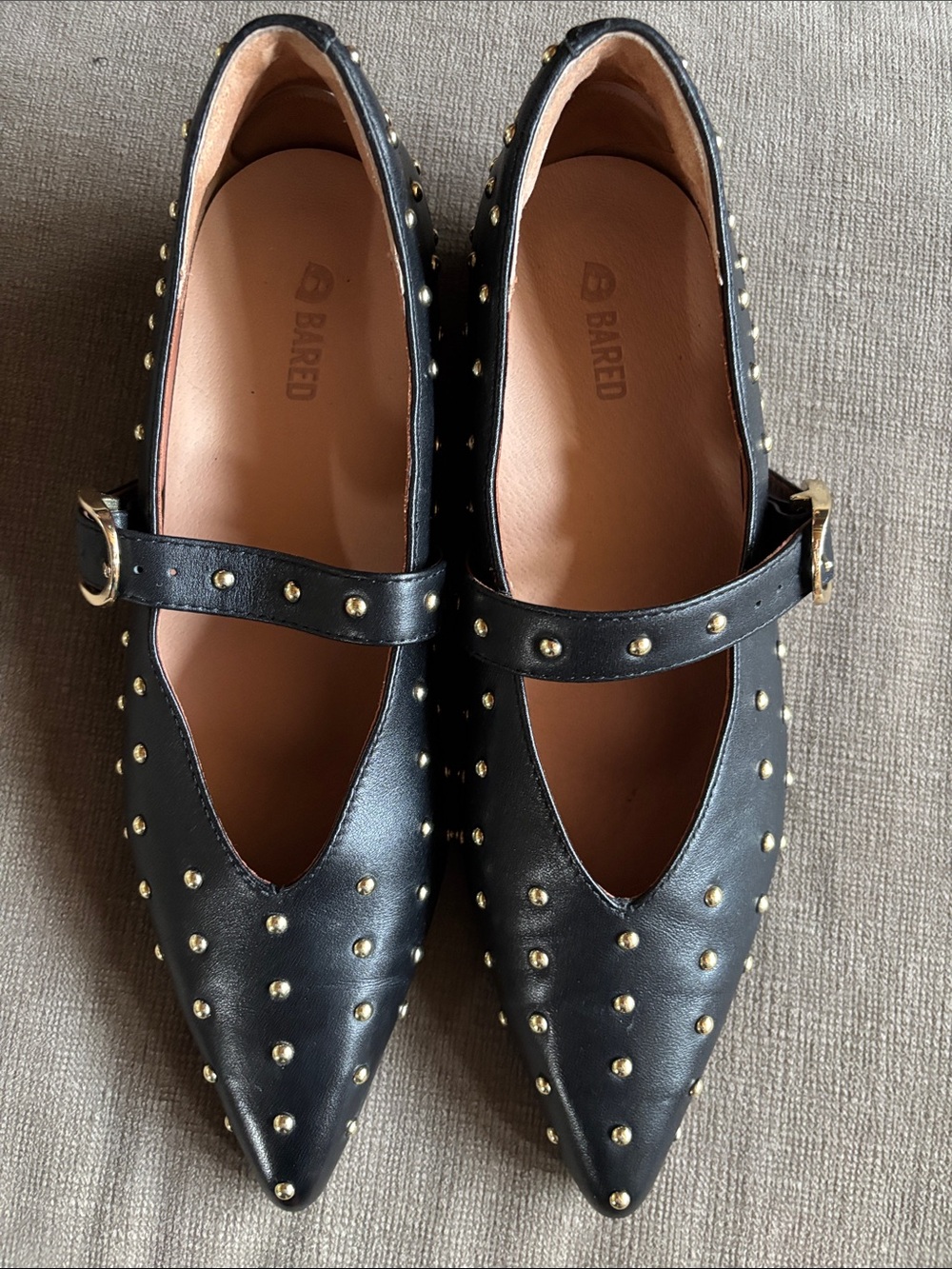 Bared Footwear Black Pointed Mary Jane Flats with Gold Studs